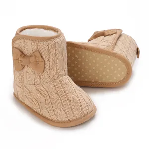 Baby Kleinkind Mädchen Winter Warme Fleece Gefütterte Weiche Sohle Lauflernschuhe Strick Schleife Dekor Kabel Textur Rutschfeste Booties