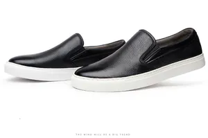 Premium black lychee grain leather slip-on loafers for men with white rubber sole