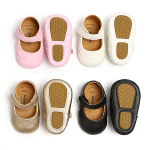 Detailed view of infant Mary Jane walker shoes in four colors with non-slip soft soles