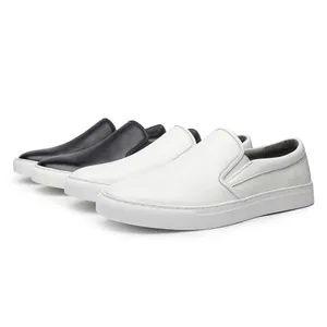 Premium men's genuine leather slip-on loafers available in classic black and white colors