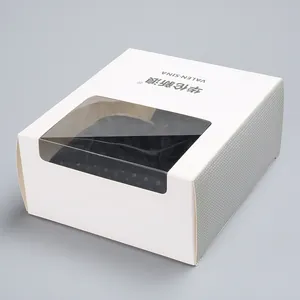 White packaging box for baby winter boots featuring a transparent display window
