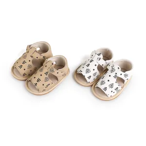 Infant summer beach sandals featuring cute leaf and star print in white and khaki