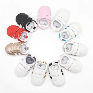 Breathable Baby First Walker Shoes Non-Slip Rubber Sole Synthetic Leather Stripe Sport Toddler Sneakers Hook And Loop Design
