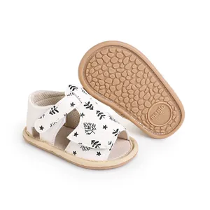 Infant baby prewalker sandals featuring black leaf prints and soft anti-slip rubber soles