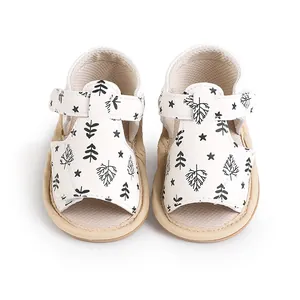 Soft sole infant baby beach sandals with black tree pattern and adjustable straps