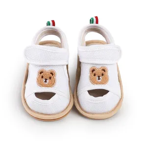 Detailansicht der atmungsaktiven Baby-Sandalen mit süßem Bären und rutschfester Sohle