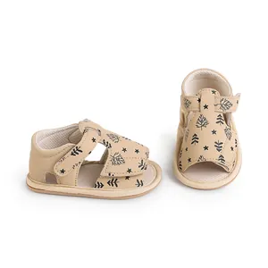 Beige baby summer sandals with tree and star prints, side and front view