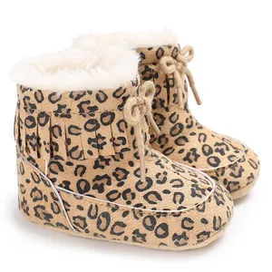 Leopard print infant snow boots with plush lining and tassel detail for winter warmth