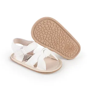 Detailed view of white baby walking sandals showing non-slip textured sole and soft upper