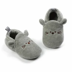 Soft gray knitted infant walking shoes with cartoon cat design and flexible sole