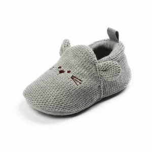 Premium soft grey knitted baby walker shoe with adorable cartoon cat face detail