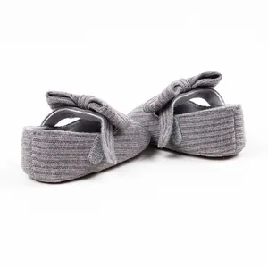 Close-up rear view of grey knitted baby princess walker shoes showing soft texture