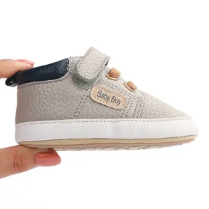 Premium soft leather baby boy pre-walker shoes with velcro strap and white textured sole