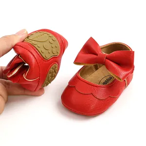 Red soft sole PU leather baby princess shoes with decorative bow for infant girls