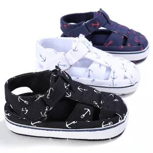 Detail of navy, white, and black baby walker sandals with nautical anchor print.