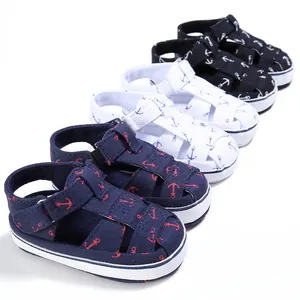 Detail shot of baby walker sandals in navy, white and black with anchor patterns