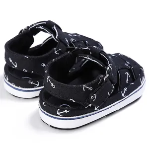 Detailed back view of navy blue baby sandals featuring white anchor print and soft soles