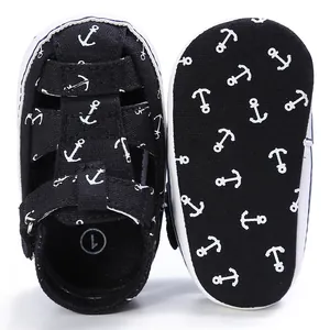 Detailed view of baby walking sandals featuring anchor print and non-slip textured soles.