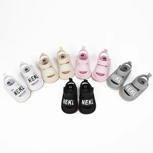 Variety of colorful baby summer walker sandals with NEKL print for infants aged 0-1 year.