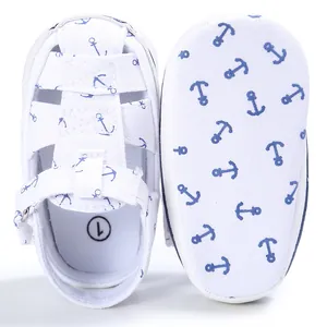 Close-up of baby walking sandals with blue anchor pattern and textured sole