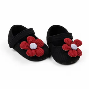 Infant baby girl black knit princess walking shoes with decorative red flower detail