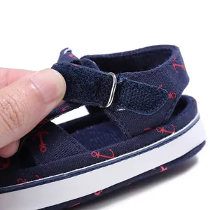 Detail of baby walking sandal showing the velcro strap closure and anchor pattern