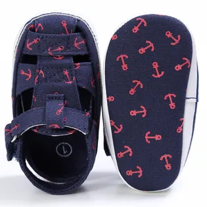 Detailed macro view of baby walking sandals featuring navy anchor print and soft fabric sole.