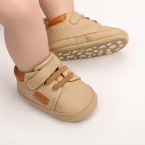 Beige soft sole baby walking shoes with anti-slip patterns for infants aged 0-1 year old