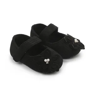 Eleganti scarpe Mary Jane nere per neonata con decoro floreale e suola morbida antiscivolo