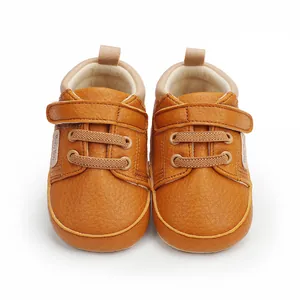 Brown faux leather baby boy pre-walker shoes for 0-12 months, detailed front view