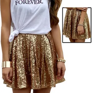 Detail view of a glamorous gold sequin pleated mini skirt for women
