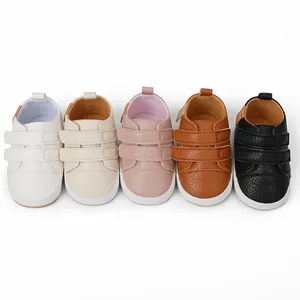 Detailed view of baby walking shoes in five colors: white, cream, pink, brown, and black