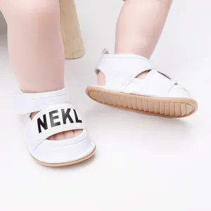 Comfortable white baby summer sandals with NEKL print and anti-slip soft soles for walking