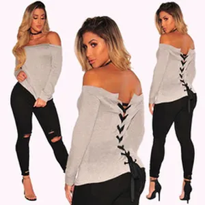 Stylish grey off-shoulder long sleeve top featuring a sexy lace-up back design detail