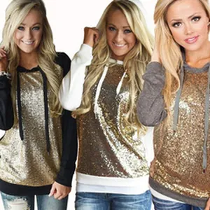 Side-by-side view of women's gold sequin hoodies in black, white, and grey sleeve options.