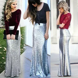 Elegant silver sequin high waist maxi skirt for women shown in garden settings