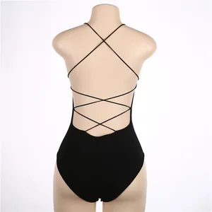 Detailed back view of a sexy black criss-cross strap backless bodysuit for women