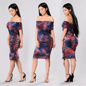 Sexy off-shoulder tie-dye bodycon midi dress featuring stylish side lace-up details