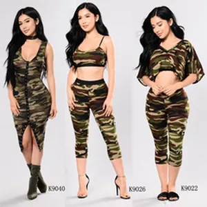 Three-piece camouflage print fashion set and dress for women collection