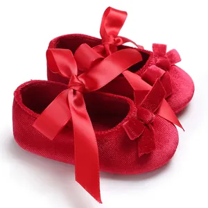 Chaussures de Marche Bébé Fille Noeud Ruban Semelle Souple Princesse Chaussures en Velours Satin pour Mariage Baptême