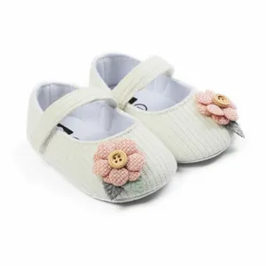 Weiche Sohle creme gerippte Babymädchen Prinzessinnenschuhe mit rosa Blume