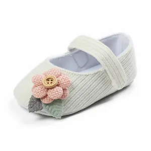 Detailaufnahme eines weißen Strick-Babyprinzessinnenschuhs mit rosa Stoffblumen-Knopf-Dekoration.