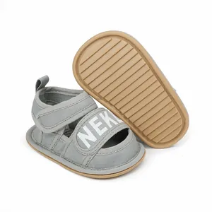 Detail of grey baby sandals showing non-slip rubber sole and velcro strap