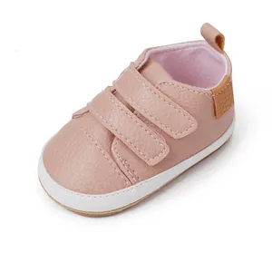 Pink baby first walker sneakers with double hook and loop straps for infants and toddlers