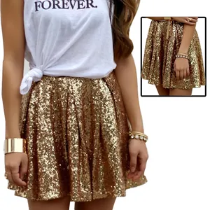 Women Sexy Gold Sequin Pleated Mini Skirt Elegant Metallic Glitter High Waist A-Line Short Skirt for Party Clubwear Bottom