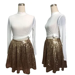 High-waist sparkling gold sequin pleated mini skirt for women on a mannequin