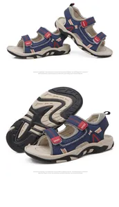 Detailed views of boys' blue sporty sandals showing the durable non-slip sole and mesh design.