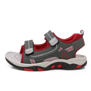 Boys grey and red sports sandals with breathable mesh and anti-slip rubber sole for summer