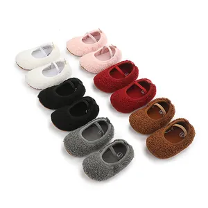 Collection of soft fleece baby walking shoes in six colors on a clean white background