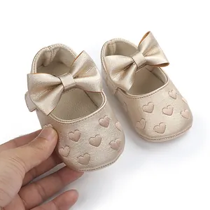 Goldene Baby Mädchen Prinzessin Lauflernschuhe mit Schleife und Herz Stickerei